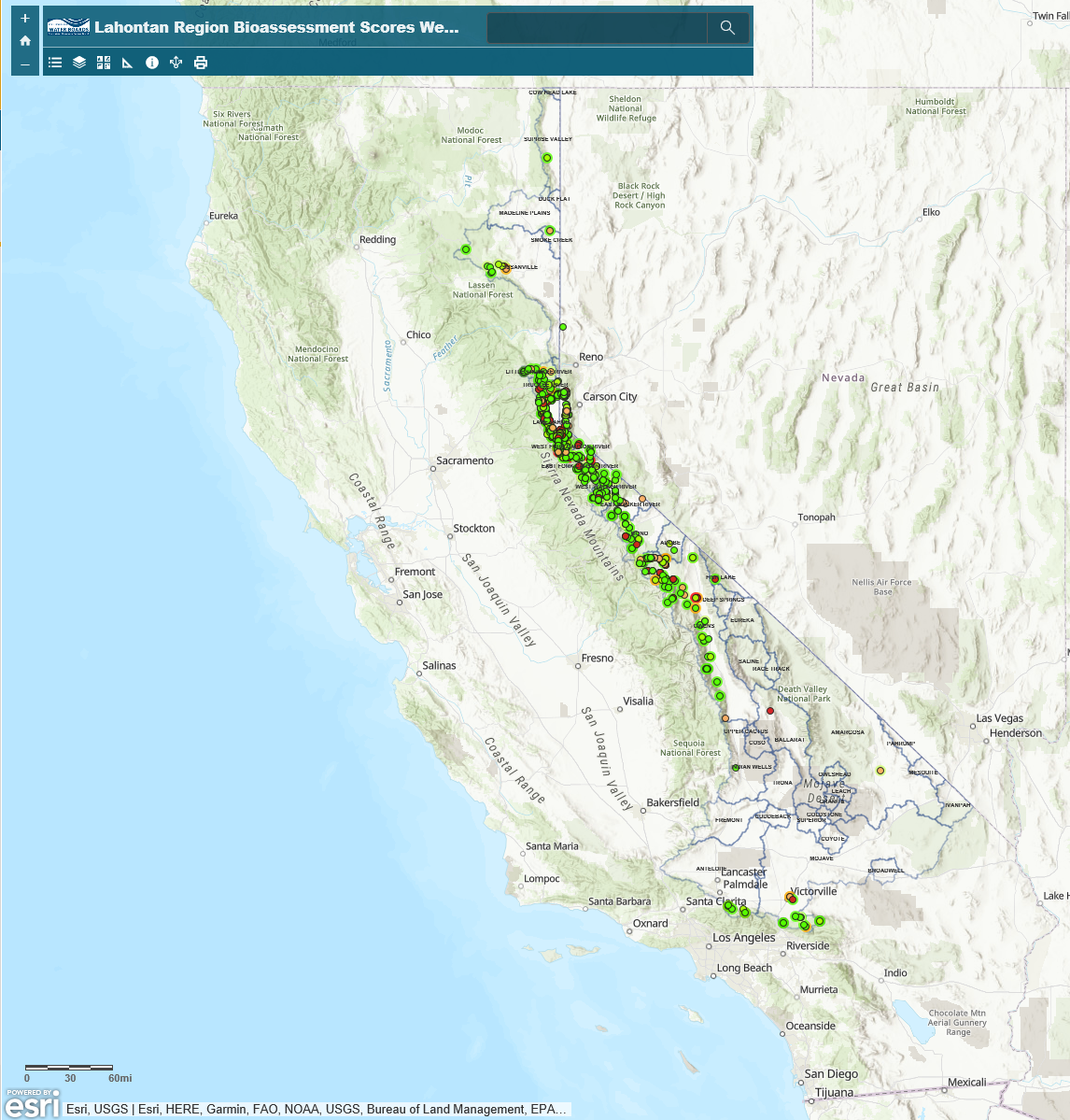 Lahontan Bioassessment Scores map